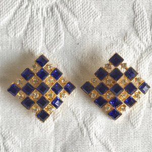 Large Blue & Rhinestone Checkerboard Pattern Gold Tone Clip Earrings
